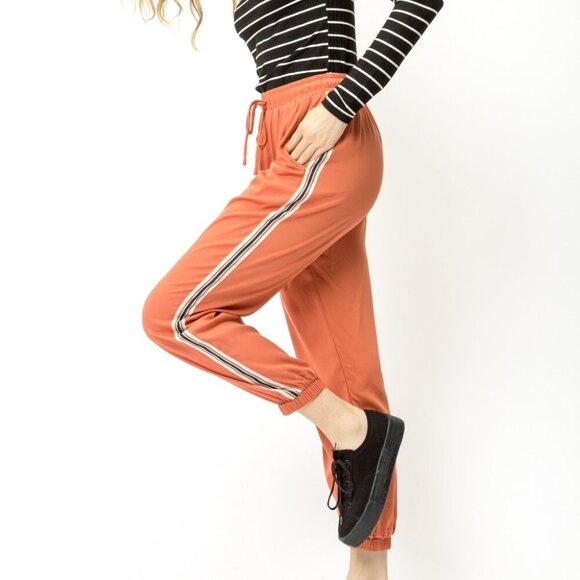 MYSTREE Rust Orange Stripe Side Joggers, Drawstring Waist, Casual Pants - Picture 1 of 6
